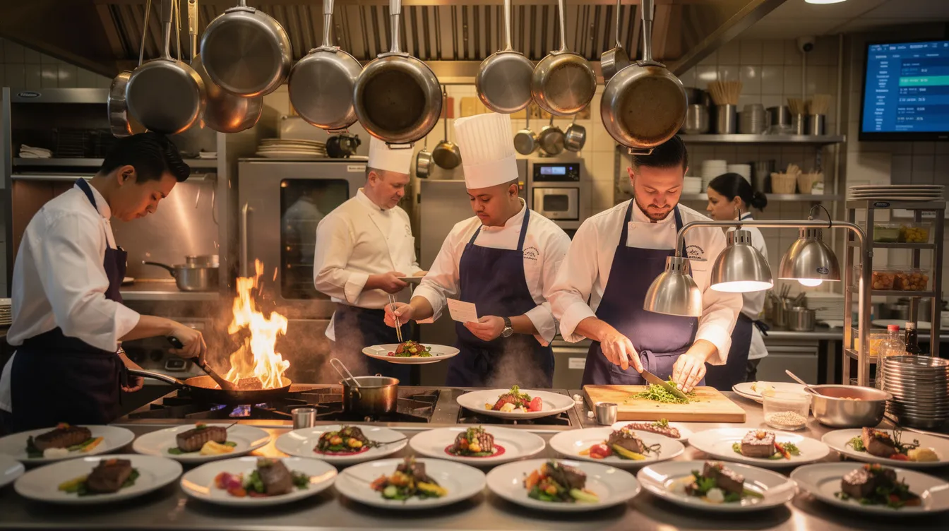 In a bustling restaurant kitchen during dinner service, a diverse team of restaurant workers is actively preparing meals, showcasing the fast-paced environment of the hospitality industry. Amidst the labor shortage, these experienced staff members are focused on maintaining high service quality while managing the demands of a busy dining rush.