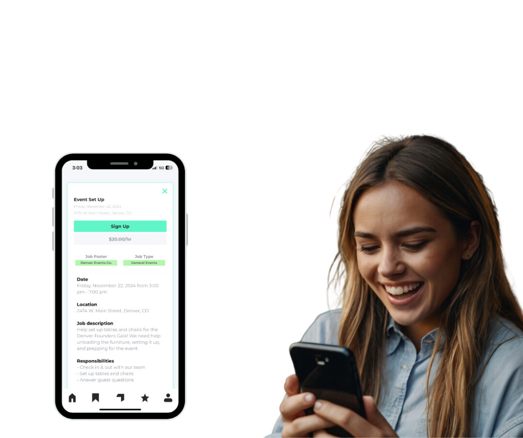 Woman using standby pro network app to accept a shift from a restaurant who discovered her