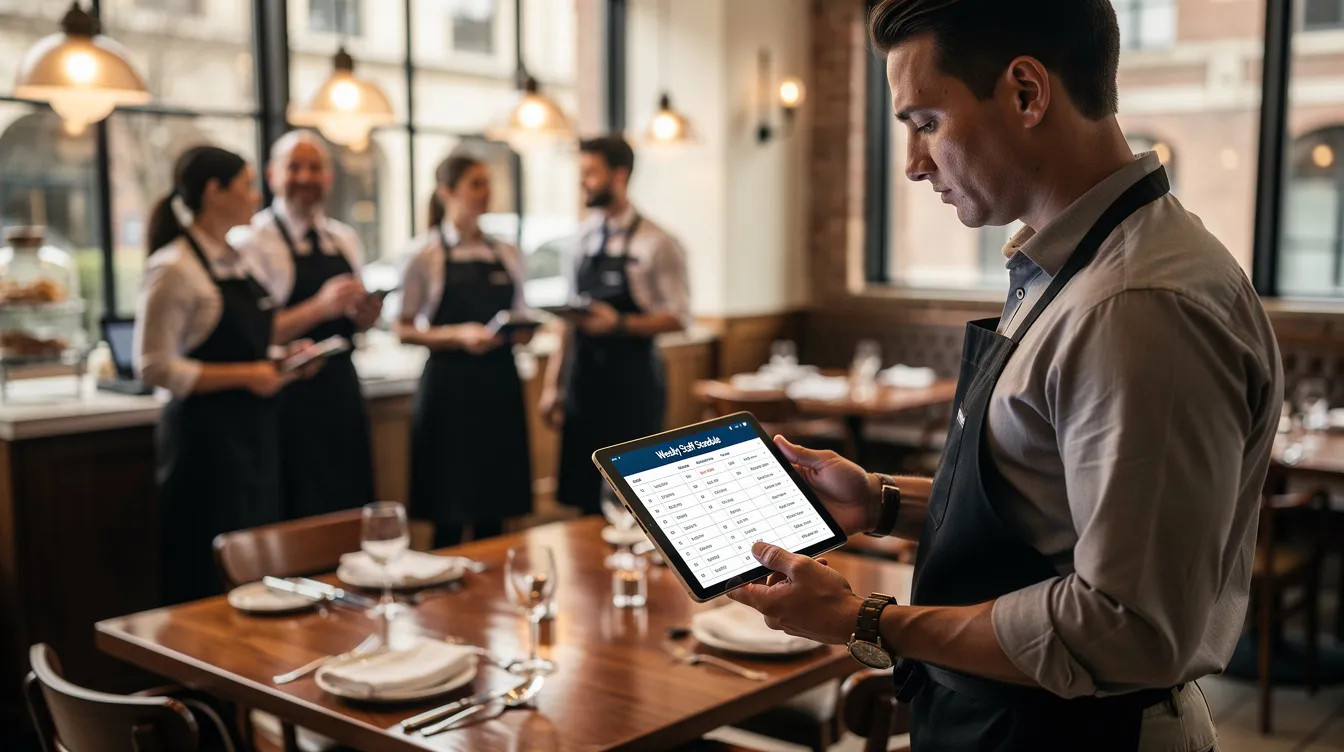 Restaurant manager looking at shifts and schedule to determine if he needs a Standby Pro to meet adequate staff levels