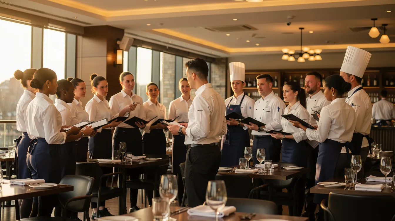A diverse group of restaurant workers gathers for a pre-shift meeting, discussing staffing needs and strategies to attract new talent in the competitive restaurant industry. The team focuses on improving employee morale and service quality while addressing the ongoing labor shortage affecting restaurant operations.